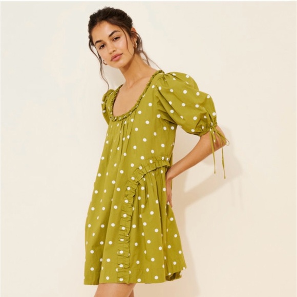 Damson Madder + Anthropologie Green Polka Dot Mini Dress, BRAND NEW - Picture 2 of 8
